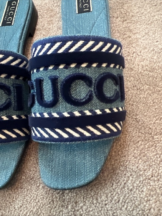 Gucci Denim Logo Slide Sandals in Light Blue and Navy - Picture 3 of 16